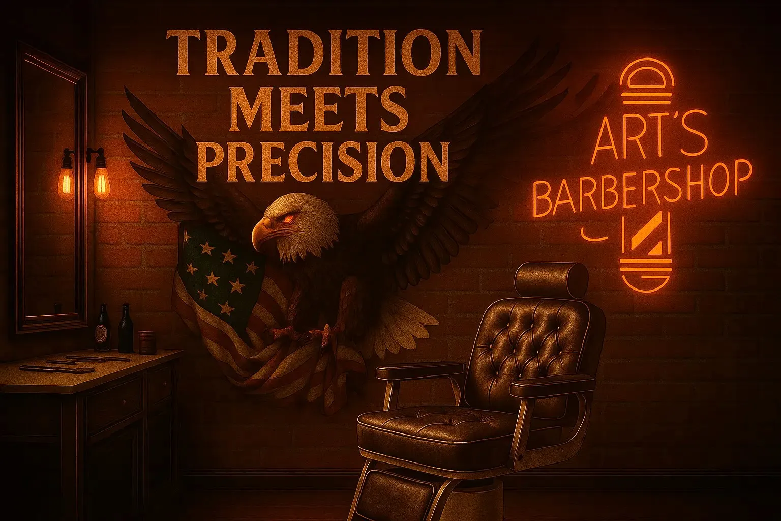 Interior of Art's Barber Shop with eagle mural and barber chairs